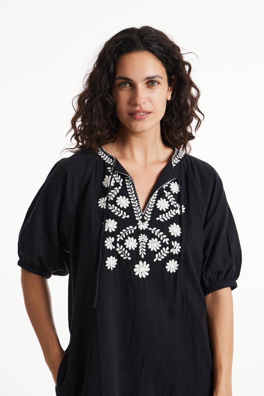 People Tree Fair Trade, Ethical & Sustainable Pia Embroidered Dress in Black 100% Organic Cotton