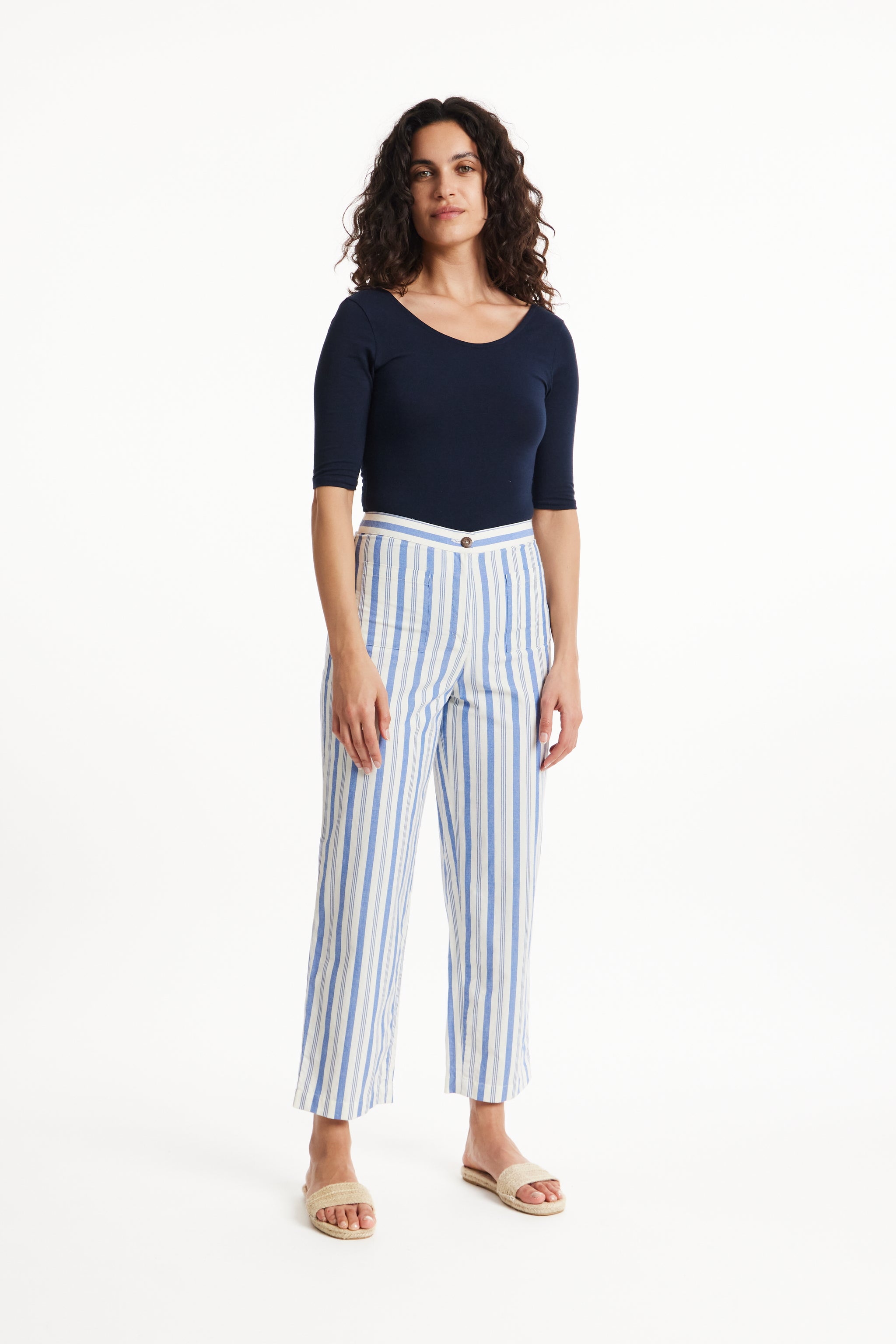 Multi Stripe Print Harem Trousers in LENZING™ ECOVERO™ Blue