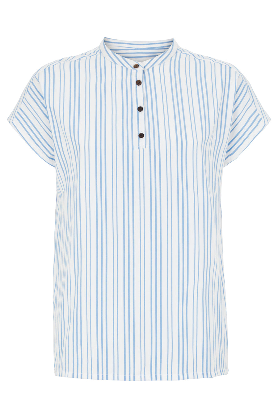 A product shot of a blue and white striped top. 