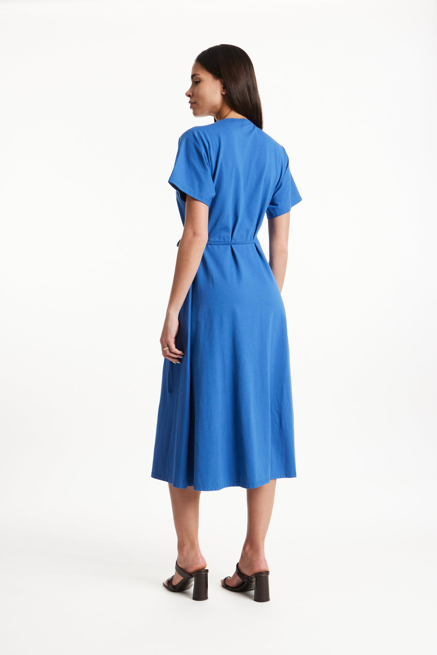 People Tree Fair Trade, Ethical & Sustainable Leora Wrap Dress in Blue 95% organic certified cotton, 5% elastane