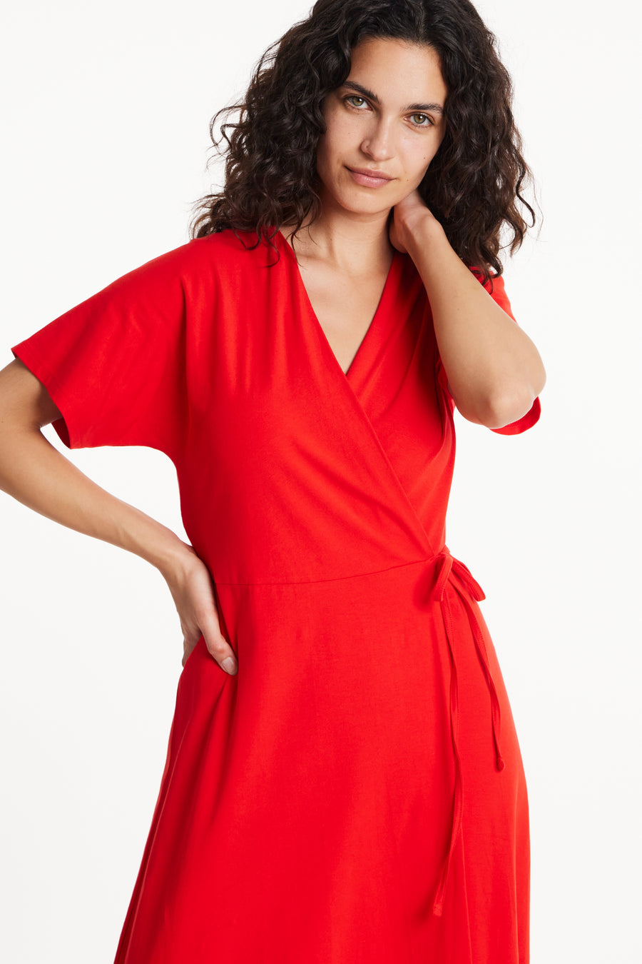 People Tree Fair Trade, Ethical & Sustainable Leora Wrap Dress in Red 95% organic certified cotton, 5% elastane