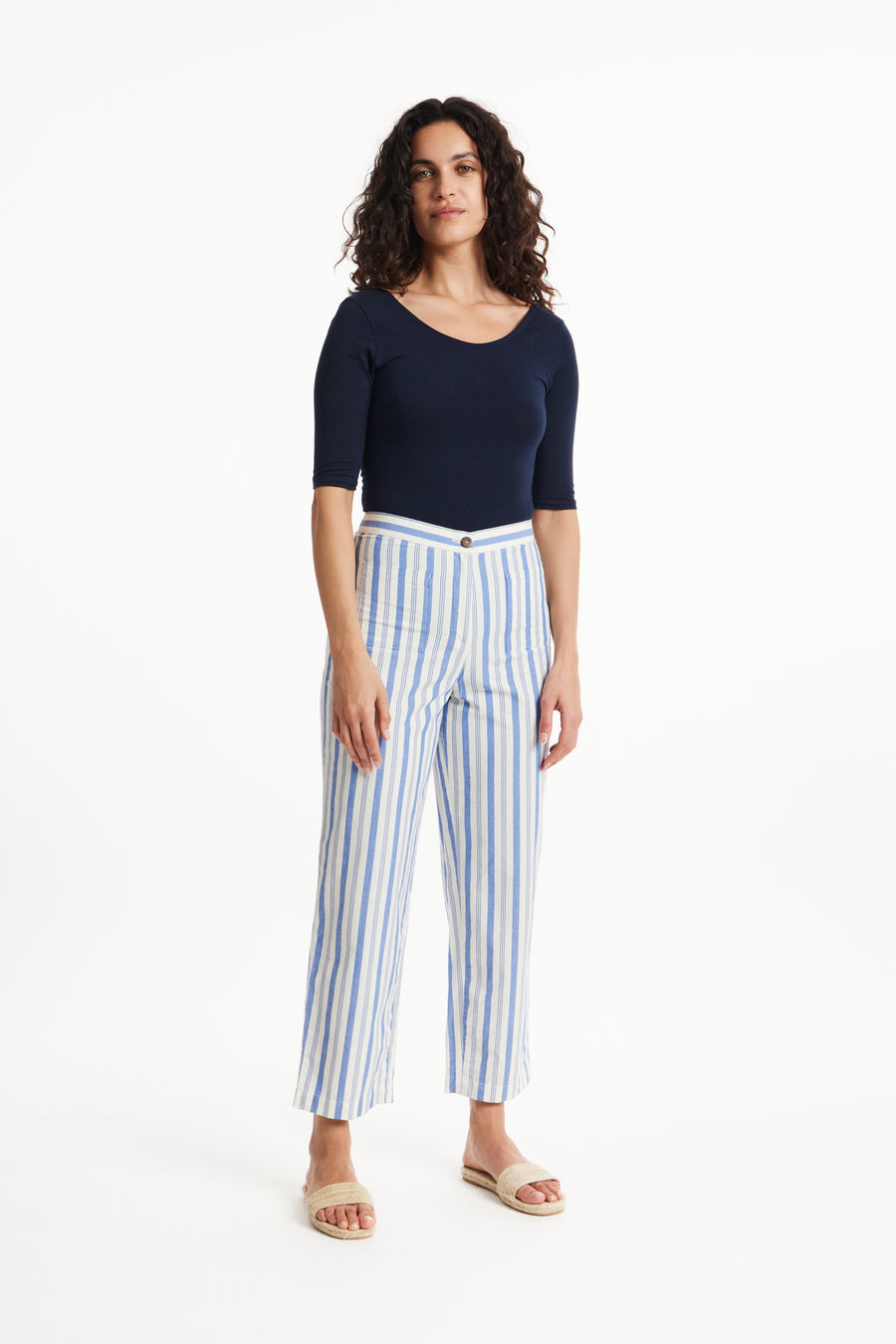 People Tree Fair Trade, Ethical & Sustainable Reese Striped Trousers in Blue stripe 100% Organic Cotton