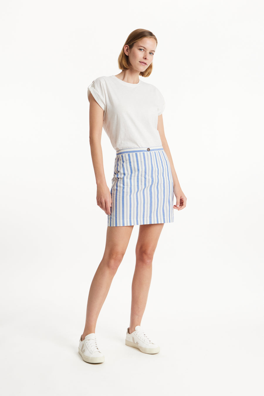 People Tree Fair Trade, Ethical & Sustainable Tica Striped Skirt in Blue stripe 100% Organic Cotton