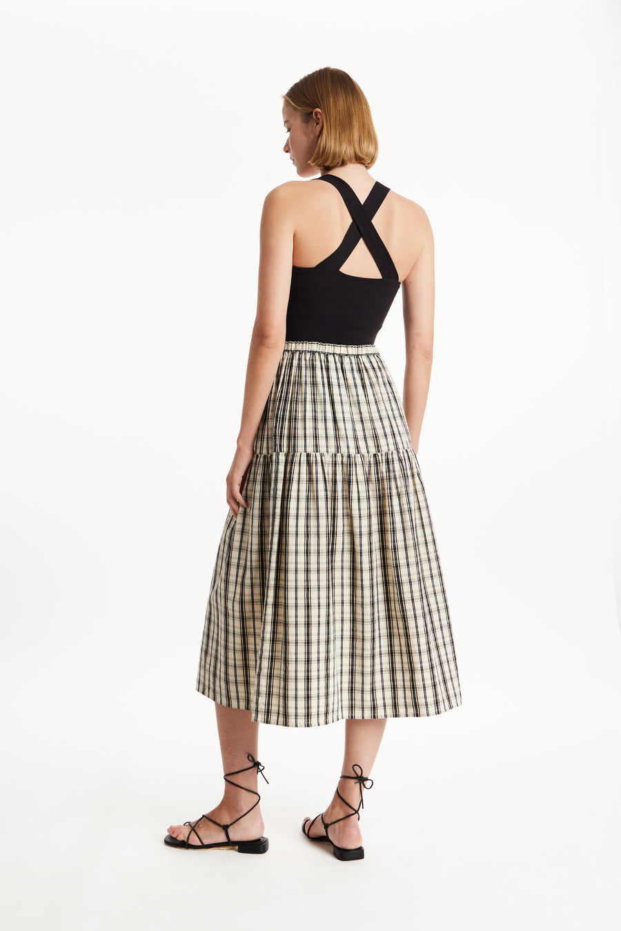 People Tree Fair Trade, Ethical & Sustainable Ulla Checked Skirt in Black check 100% Organic Cotton